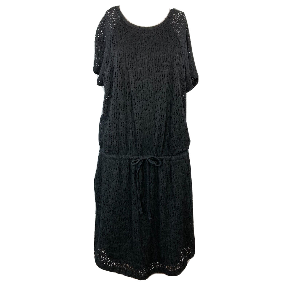 Lou & Grey Dress Womens Sz L Black Eyelet Knit Drawstring Waist Mini Pockets
